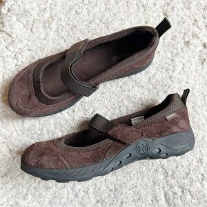 Merrell: Brown Suede Canvas Jungle Moc Sport Mary Jane Elastic Strap Sneakers